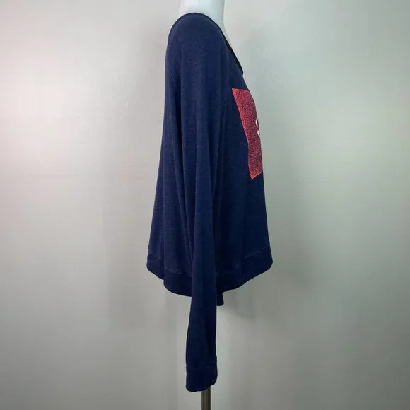 Sundry Top 2 Medium Navy Blue Red Flag Graphic Long Sleeve Shirt Cropped Women's - Picture 8 of 14